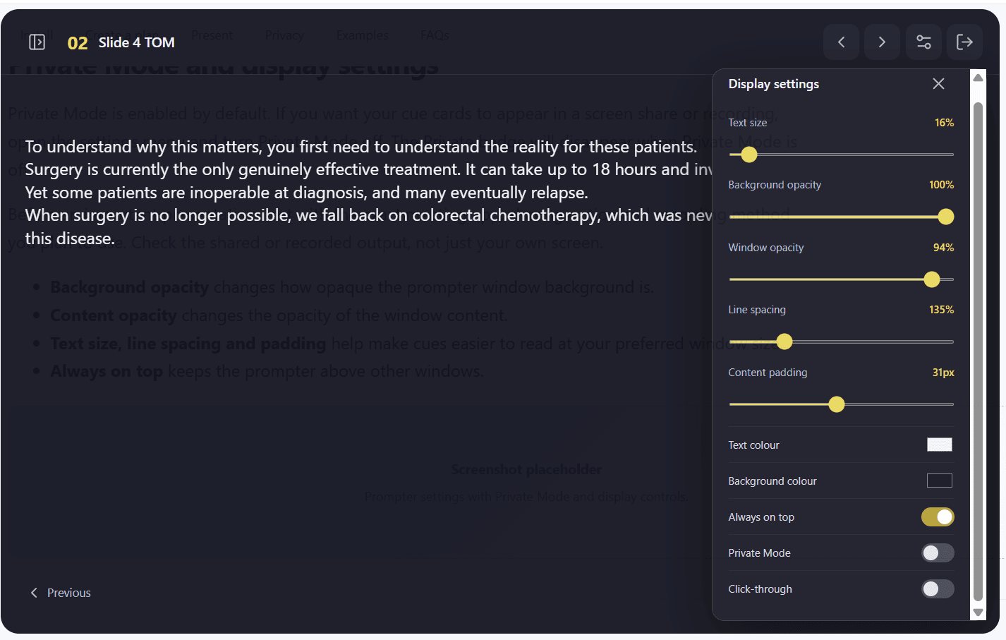 PromptDeck display settings for text size, opacity, spacing, padding and Private Mode