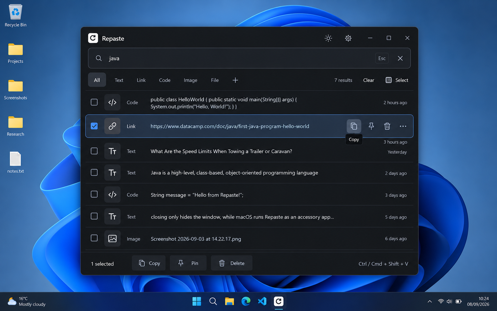 Searching Repaste and using clipboard row actions